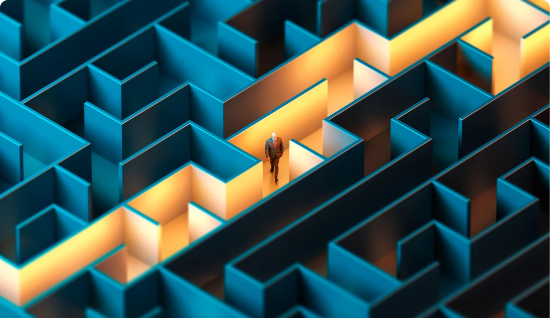 Man walking through a glowing maze